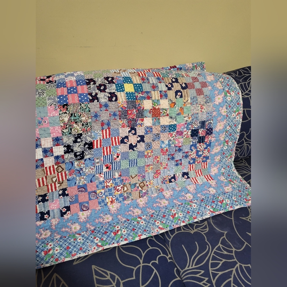 Vintage Postage Stamp Patch Quilt with Floral Backing
